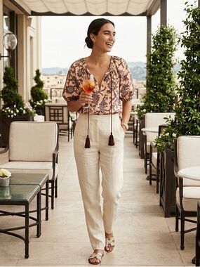 A.L.C. Peach Floral Puff-Sleeve Blouse with Tassel Ties